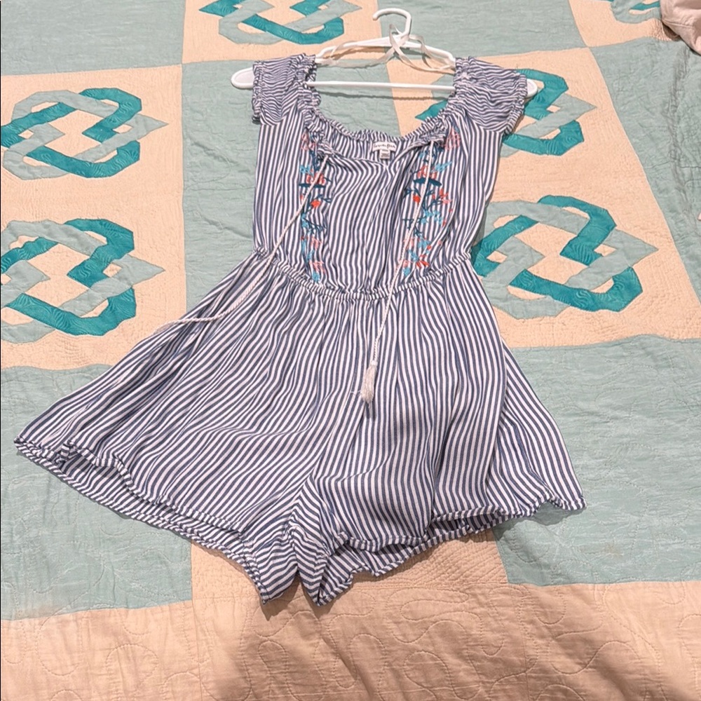 Blue and White Striped Ruffled Jumpsuit